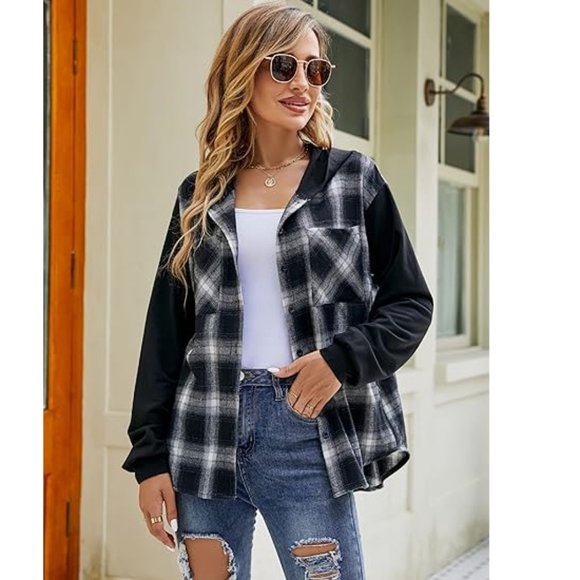 Blooming Jelly Womens Plaid hooded Flannel Shirts Long Sleeve Hoodies. d07 - Picture 2 of 7